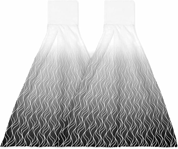 Alandar Home Kitchen Tie Towel Set of 2, Abstract Stripe Black Gradient Absorbent Soft Hand Towels for Bathroom Hanging Towels, Modern Morocco Line Fast Drying Cleaning Cloth with Loop