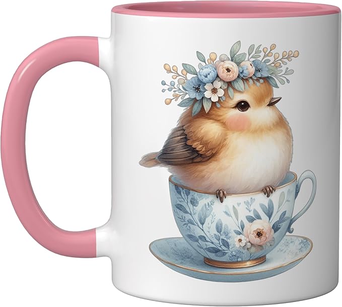 Cute Bird Floral Teacup Illustration Ceramic Mug, Pink/White