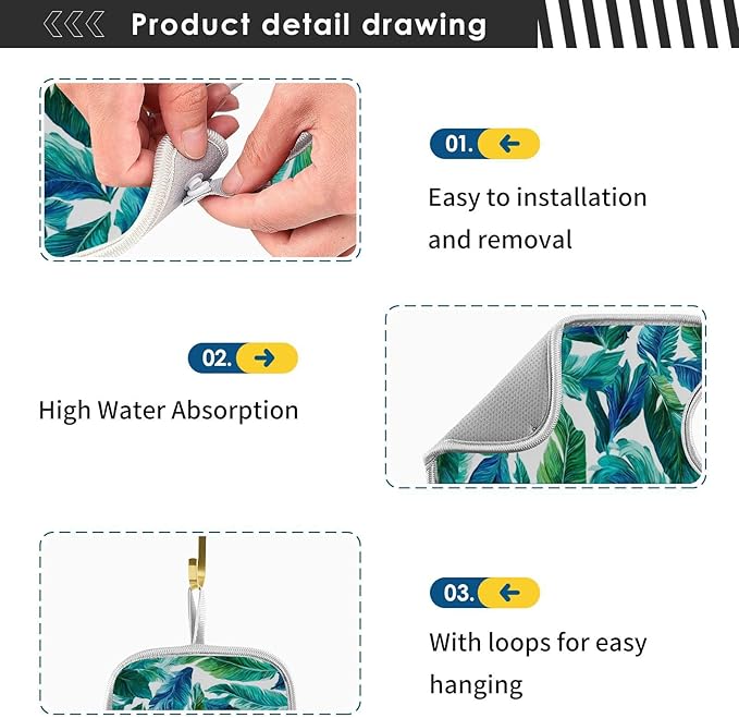 Kitchen Faucet Absorbent Mat,Turquoise Green Palm Leaves Water Splash Guard for Sink, Faucet Drip Catcher Thicken Sponge Microfiber Faucet Water Catcher Mat Sink Absorbent Mat for Kitchen 14x5in 2Pack