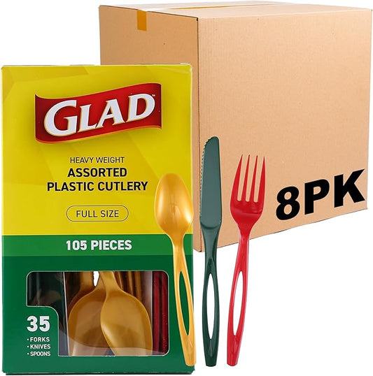 Glad Disposable Plastic Cutlery, Assorted Holiday Set, Red, Green, Gold | Heavy Duty forks, Knives, And Spoons | Disposable Party Utensils | Set of Durable and Sturdy Cutlery - 105 Count - 8 Pack
