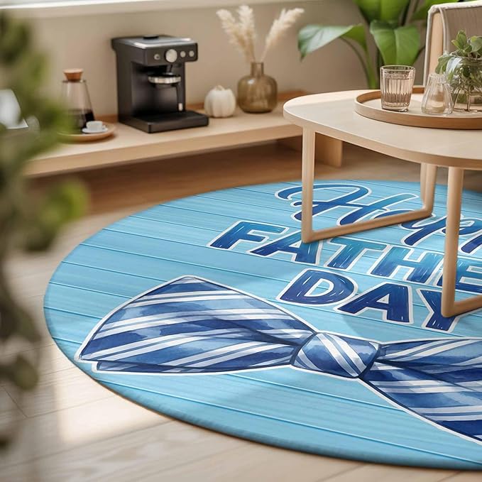 Washable Round Area Rug Father's Day Vintage Plank Circle Rugs Floor Carpet for Living Room Bedroom, Cartoon Blue Stripes Bow Soft Non Slip Round Rug 3ft