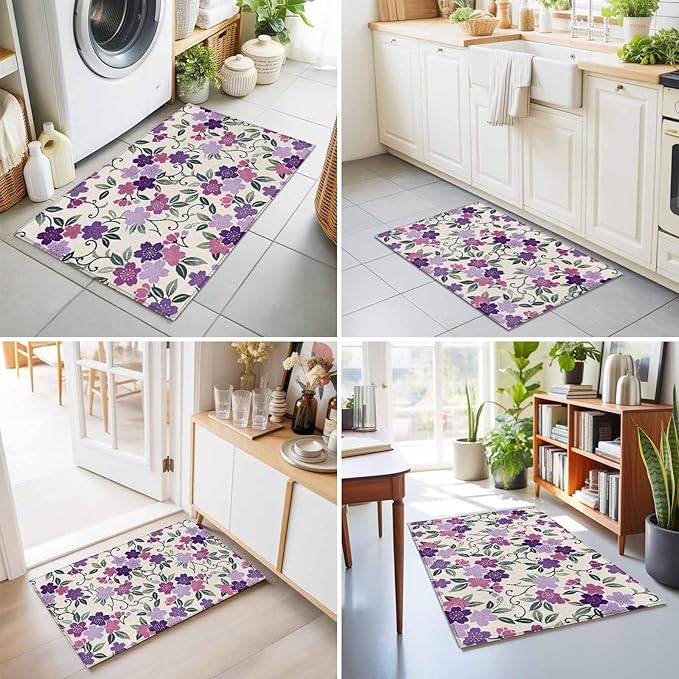 Area Rug 2x3ft, Watercolor Country Flowers Washable Rugs for Living Room Bedroom, Plum Blossoms on Linen Soft Non-Slip Area Rugs Rectangle Floor Carpet for Dining Room