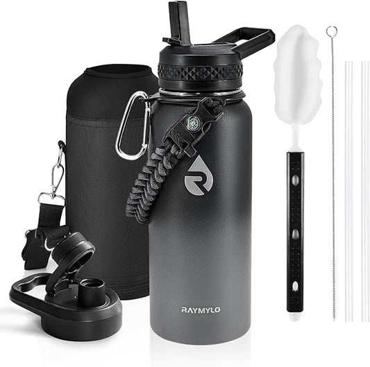 RAYMYLO Insulated Water Bottle 32 oz, Triple Wall Vacuum Stainless Steel (Cold for 24Hrs, Hot for 12Hrs), Leak Proof & Non-BPA, Modern Water Flask Jug with Paracord Handle & Straw Spout Lids