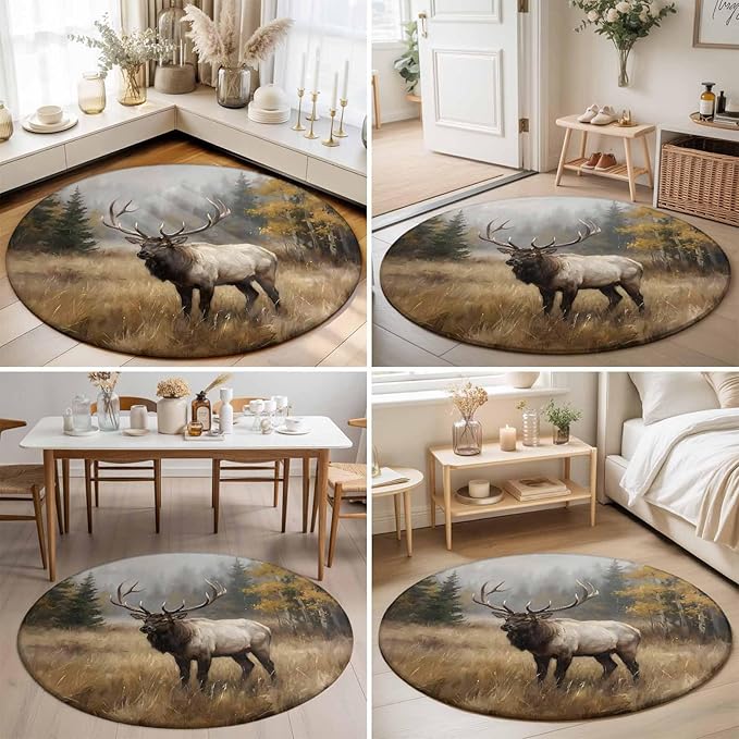 Washable Round Area Rug Brown Animals Elk Circle Rugs Floor Carpet for Living Room Bedroom, Retro Forest Landscape Soft Non Slip Round Rug 3ft