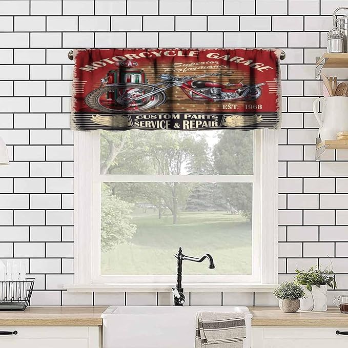 Vintage Motorcycle Valance Curtain Rustic Western Country Farmhouse Classic Motorcycle Rod Pocket Valance Window Treatments Short Curtains for Kitchen Bathroom Farmhouse 54x18inch