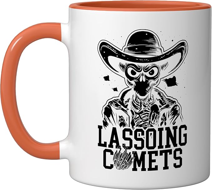 Alien Lover Flying Saucer UFO Extraterrestrial Cowboy Ceramic Mug, Orange/White