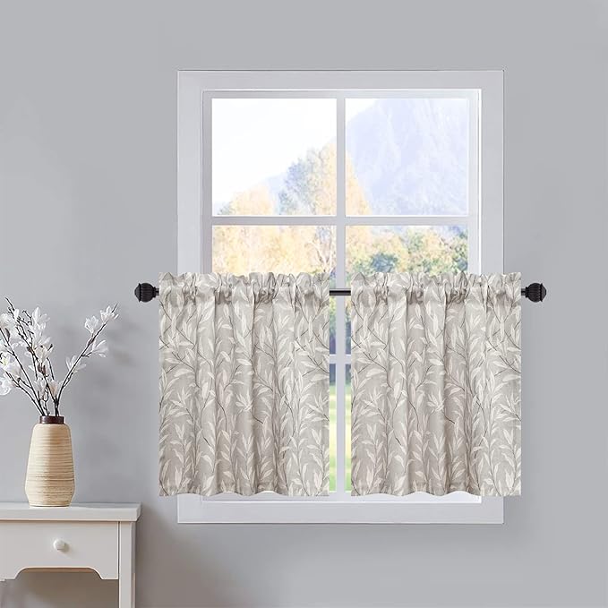 VOGOL Tier Curtains 24 Inch Length Grey Small Window Curtains for Bathroom Laundry Room Basement Rod Pocket Lovely Leaf Print Window Drapes, 30 x 24, 2 Panels