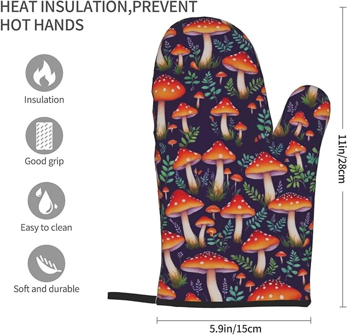 Mushroom Oven Mitts of 2-Pack Set, Funny Kitchen Gloves Heat Resistant Non-Slip Kitchen Mitts Safe Cooking Baking Grilling