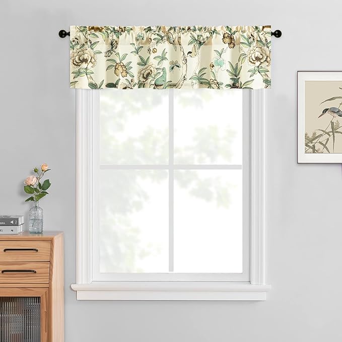 Leeva Short Floral Valance for Windows - Linen Textured Light Filtering Curtain with Rod Pocket, Farmhouse Dining Room & Bedroom Decor, 52x12 Inches, 1 Pack