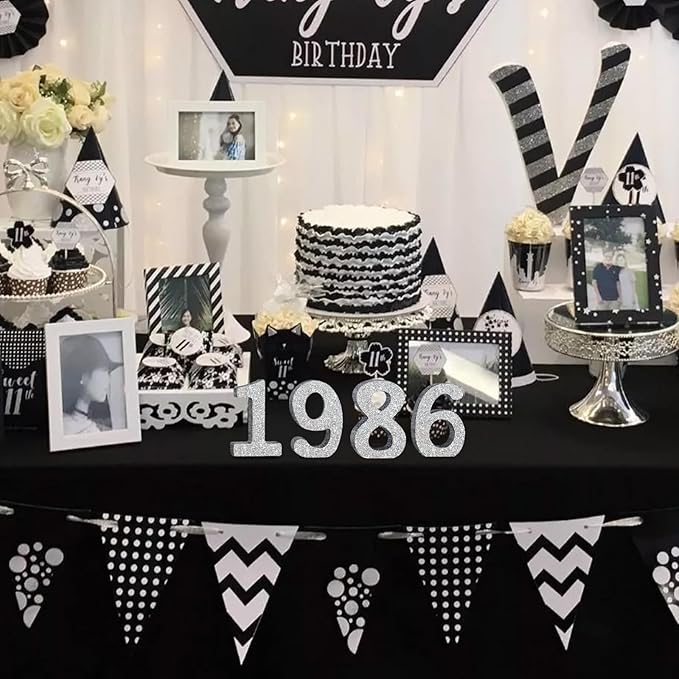 TONIFUL 4 Inch 1986 Silver Glitter Table Centerpiece Sign 1986 Number Block for 40th Birthday Decoration,Fourty Years Old Birthday Table Decoration,Class of 1986 Reunion Decorations or Anniversary