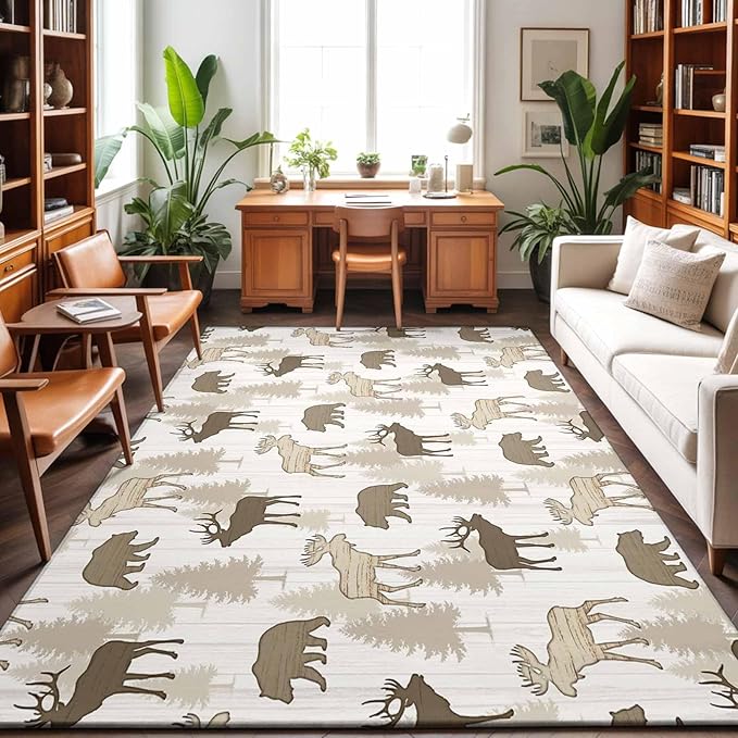 Area Rug 8x10ft, Animal Moose Bears Washable Rugs for Living Room Bedroom, Retro Rustic Pine Trees Soft Non-Slip Area Rugs Rectangle Floor Carpet for Dining Room