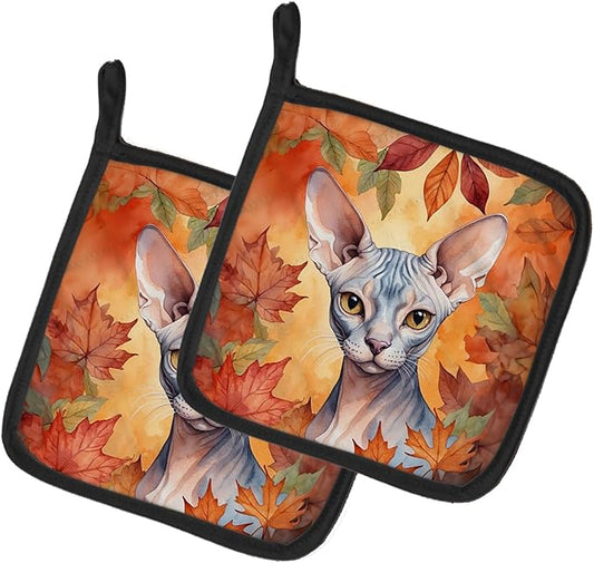 Caroline's Treasures Sphynx Cat in Fall Leaves Pair of Pot Holders Kitchen Heat Resistant Pot Holders Sets Oven Hot Pads for Cooking Baking BBQ, 7 1/2 x 7 1/2