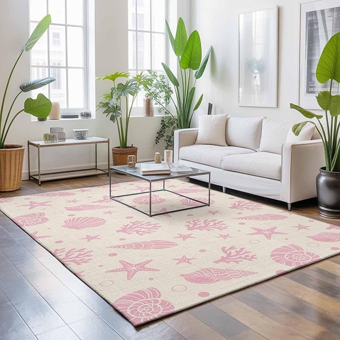 Area Rug 3x5ft, Ocean Pink Shell Coral Conch Washable Rugs for Living Room Bedroom, Marine Starfish on Farm Burlap Soft Non-Slip Area Rugs Rectangle Floor Carpet for Dining Room