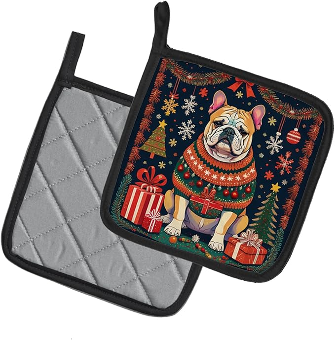 Caroline's Treasures English Bulldog Christmas Pair of Pot Holders Kitchen Heat Resistant Pot Holders Sets Oven Hot Pads for Cooking Baking BBQ, 7 1/2 x 7 1/2