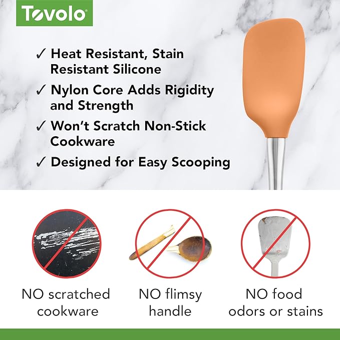 Tovolo Spoon Spatula Spoonula with Stainless Steel Handle Ergonomic Grip Apricot Orange, Silicone Scoopula Kitchen Utensil Non Scratch Easy Clean Dishwasher Safe Heat Resistant Scoop Spatula