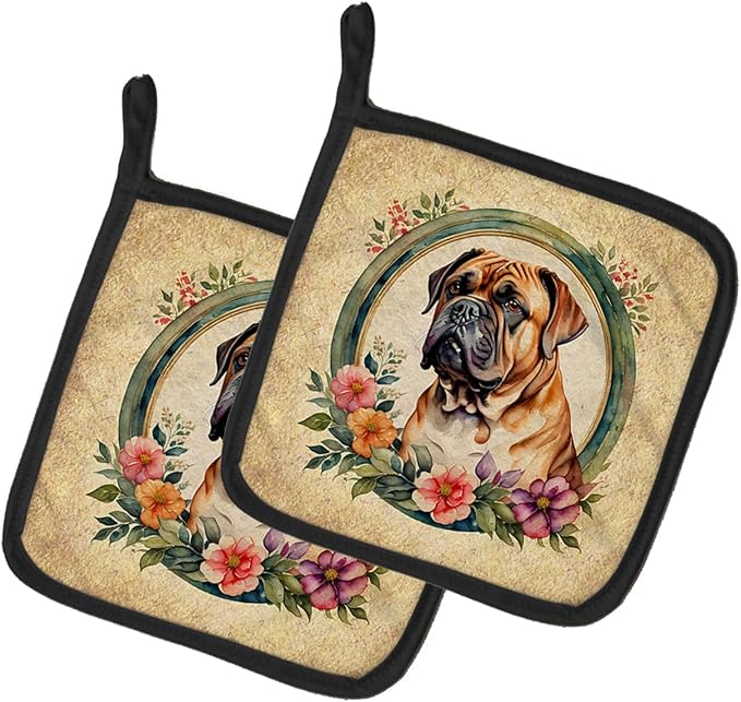 Caroline's Treasures Dogue de Bordeaux and Flowers Pair of Pot Holders Kitchen Heat Resistant Pot Holders Sets Oven Hot Pads for Cooking Baking BBQ, 7 1/2 x 7 1/2