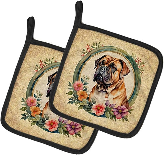 Caroline's Treasures Dogue de Bordeaux and Flowers Pair of Pot Holders Kitchen Heat Resistant Pot Holders Sets Oven Hot Pads for Cooking Baking BBQ, 7 1/2 x 7 1/2