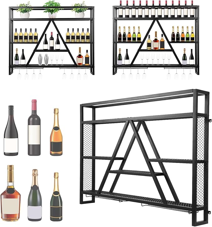 Wall Mounted Wine Rack Multi-Purpose Bar Liquor Bottle Display Shelf Large Capacity for Kitchens Bars Cafes
