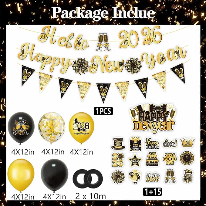 2026 New Year Party Decorations Set, Gold and Black Balloons, Banners, Cupcake Toppers, Happy New Year Theme Pack