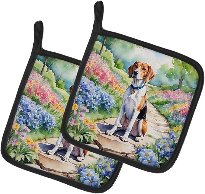 Caroline's Treasures English Foxhound Spring Path Pair of Pot Holders Kitchen Heat Resistant Pot Holders Sets Oven Hot Pads for Cooking Baking BBQ, 7 1/2 x 7 1/2