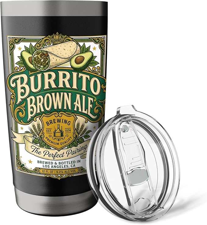 Burrito Brown Ale Mexican Food Retro Funny Beer Label Stainless Steel Insulated Tumbler