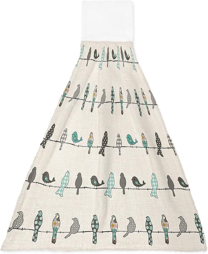 Alandar Home Kitchen Tie Towel Set of 1, Buffalo Check Floral Texture Bird Animal Absorbent Soft Hand Towels for Bathroom Hanging Towels, Vintage Burlap Cotton Fast Drying Cleaning Cloth with Loop