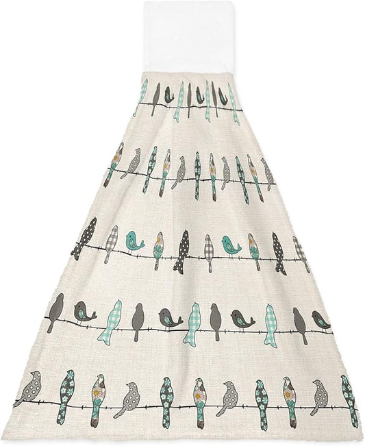 Alandar Home Kitchen Tie Towel Set of 1, Buffalo Check Floral Texture Bird Animal Absorbent Soft Hand Towels for Bathroom Hanging Towels, Vintage Burlap Cotton Fast Drying Cleaning Cloth with Loop