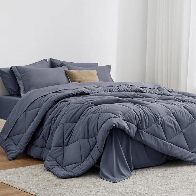 Love's cabin Queen Comforter Set Navy Blue, 7 Pieces Queen Bed in a Bag, All Season Bedding Sets with 1 Comforter, 1 Flat Sheet, 1 Fitted Sheet, 2 Pillowcase and 2 Pillow Sham | Soft, Breathable, Lightweight, Comfortable