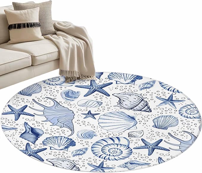 Washable Round Area Rug Navy Blue Starfish Conch Shell Seamless Circle Rugs Floor Carpet for Living Room Bedroom, Summer Ocean Bubbles Soft Non Slip Round Rug 3ft