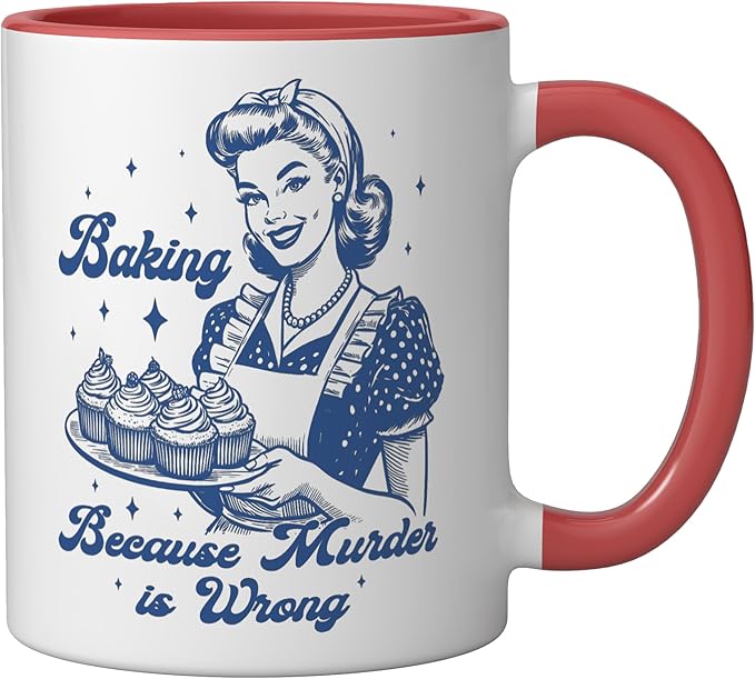 Baking Because Murder Is Wrong Funny cooking baking Ceramic Mug, Red/White
