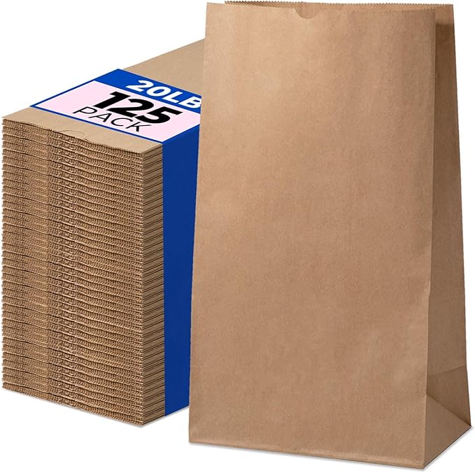 Fit Meal Prep 125 Pack 20 lb Large Brown Paper Bags, 16 x 8 x 5.5” Durable Kraft Paper Bags Bulk for Packing, Delivery, Take Out, Grocery, Retail Shopping, Premium Big Size Sacks for Shopping