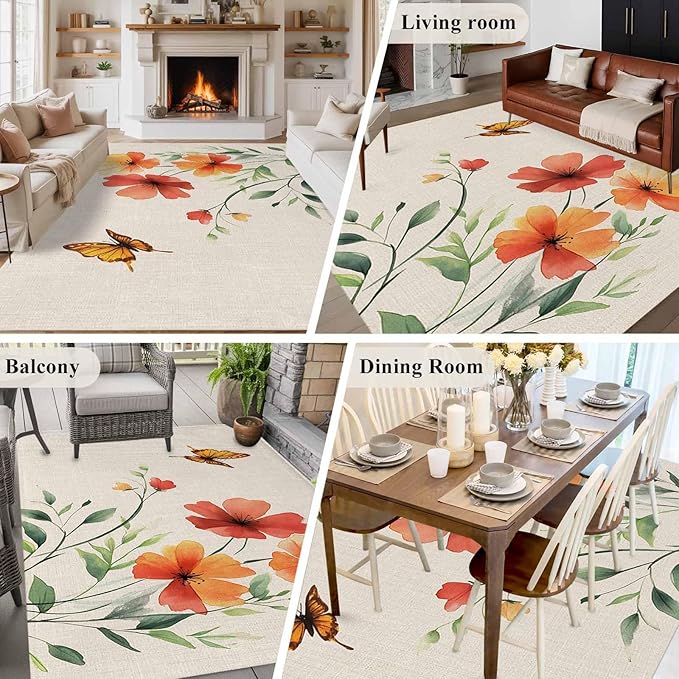 Area Rug 6x9ft, Summer Watercolor Flower Butterfly Washable Rugs for Living Room Bedroom, Green Leaves Retro Linen Soft Non-Slip Area Rugs Rectangle Floor Carpet for Dining Room