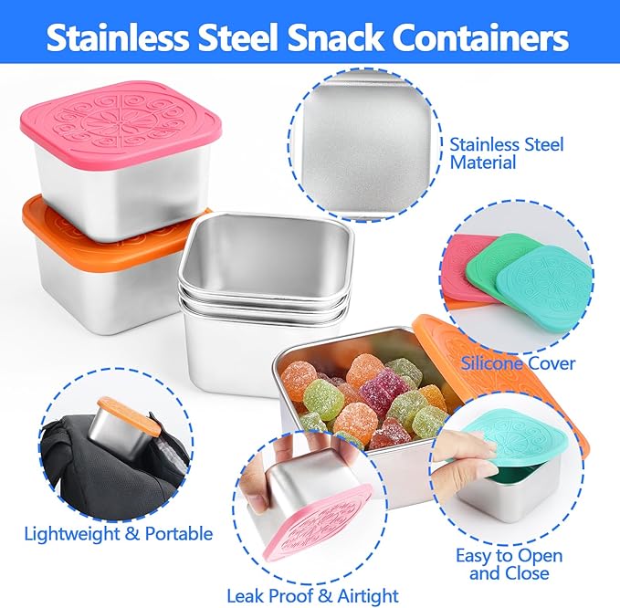 6 Pack Stainless Steel Food Storage Containers with Lids, 6 oz Small Snack Containers Leak Proof Snack Boxes & Meal Prep Lunch Boxes for School, Daycare, Picnic, Summer Camp
