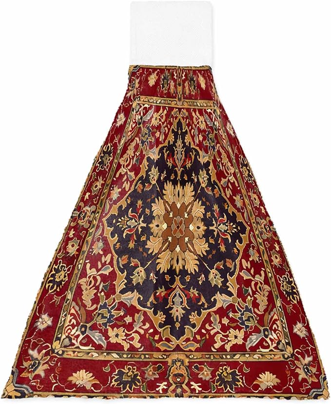 Alandar Home Kitchen Tie Towel Set of 1, Floral Leaves Frames Vintage Mid Century Afghan Black Wheat Red Absorbent Soft Hand Towels for Bathroom Hanging Towels, Fast Drying Cleaning Cloth with Loop