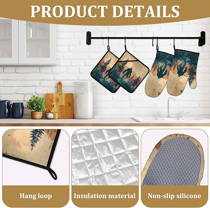 Vintage Bigfoot Forest Oven Mitts and Pot Holders Sets 4Pcs Mountain Silicone Kitchen Gloves Heat Resistant Potholders for Baking Cooking Grilling BBQ