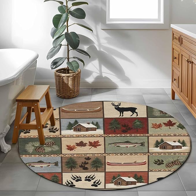 Washable Round Area Rug Vintage Bear Forest Deer Fish Village Circle Rugs Floor Carpet for Living Room Bedroom, Retro Wildlife Themes Soft Non Slip Round Rug 4ft
