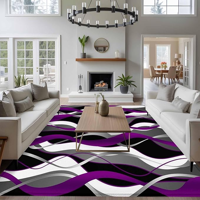 Area Rug 6x9ft, Abstract Purple Gray Black White Stripes Washable Rugs for Living Room Bedroom, Modern Lines Soft Non-Slip Area Rugs Rectangle Floor Carpet for Dining Room