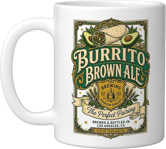 Burrito Brown Ale Mexican Food Retro Funny Beer Label Ceramic Mug, White