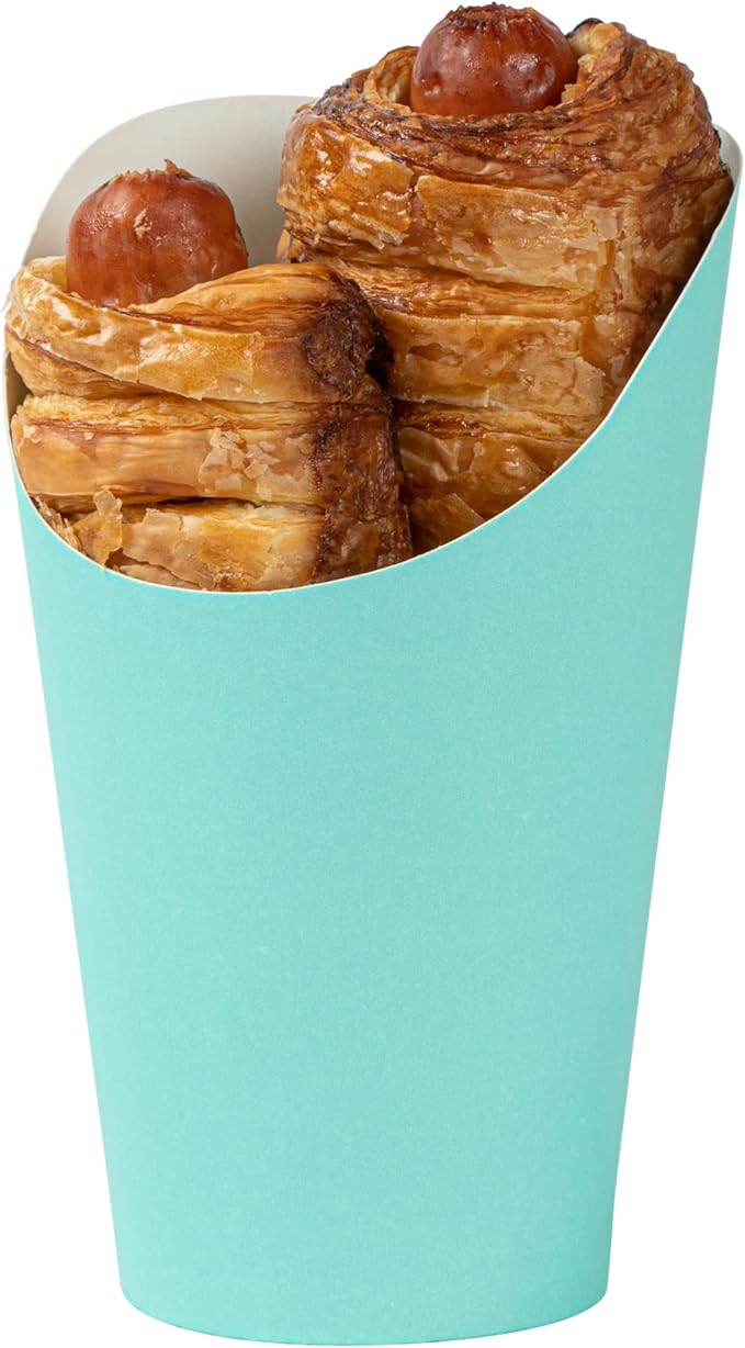 Restaurantware Bio Tek 16 Ounce French Fry Containers 100 Disposable Charcuterie Cups - Incline Design Round Turquoise Paper French Fry Cups Stackable For Waffles Chips or Popcorn