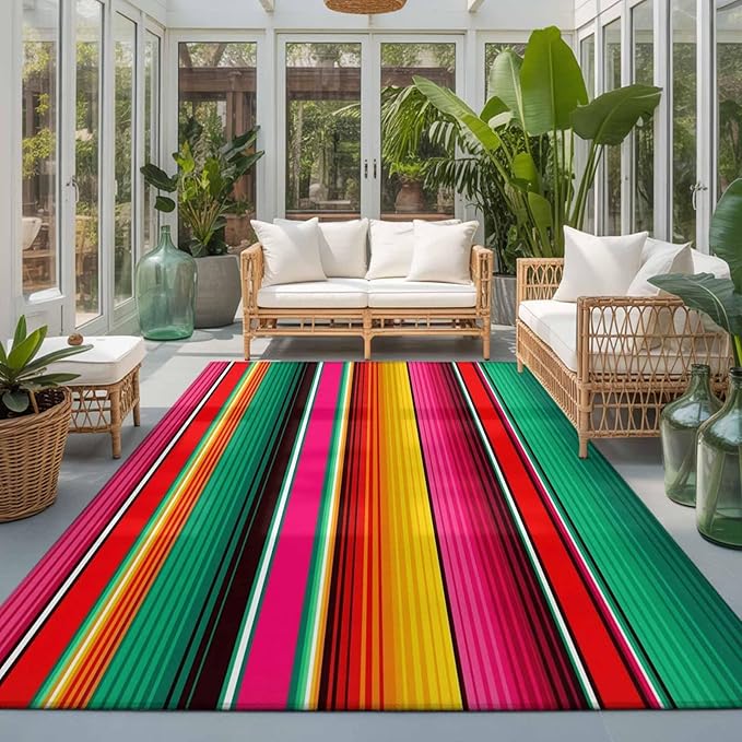 Area Rug 3x5ft, Vintage Mexican Stripes Abstract Washable Rugs for Living Room Bedroom, Native American Stripe Soft Non-Slip Area Rugs Rectangle Floor Carpet for Dining Room