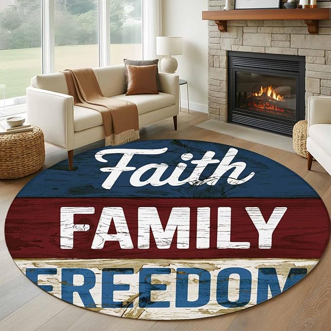 Washable Round Area Rug Independence Day USA Flag Circle Rugs Floor Carpet for Living Room Bedroom, Vintage Wooden Grain Soft Non Slip Round Rug 5ft