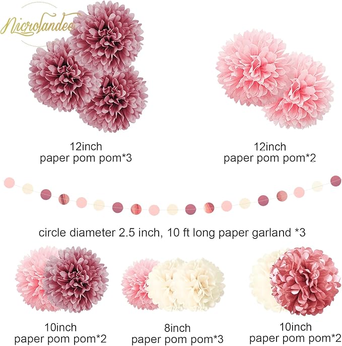 NICROLANDEE 15PCS Dusty Rose Blush Pink Tissue Pom Poms Flowers for Wedding, Bridal Shower, Sweet Birthday, Baby Shower, Engagement, Bachelorettes, Valentine Pink Party Decorations Paper Garland