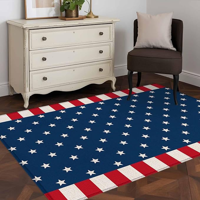 Area Rug 3x5ft, American Independence Day Washable Rugs for Living Room Bedroom, USA Stars on Blue Red White Border Soft Non-Slip Area Rugs Rectangle Floor Carpet for Dining Room
