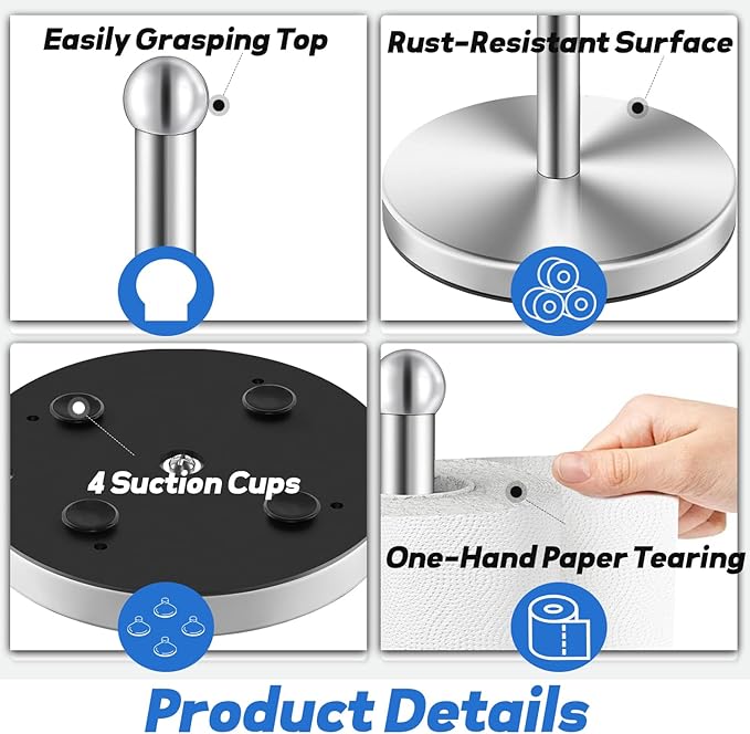 DAWNER Paper Towel Holder Freestanding, Weighted Base with Suction Cups, Easy One-Handed Tear Stainless Steel Brushed Nickel Paper Towel Stand for Kitchen Bathroom Countertop
