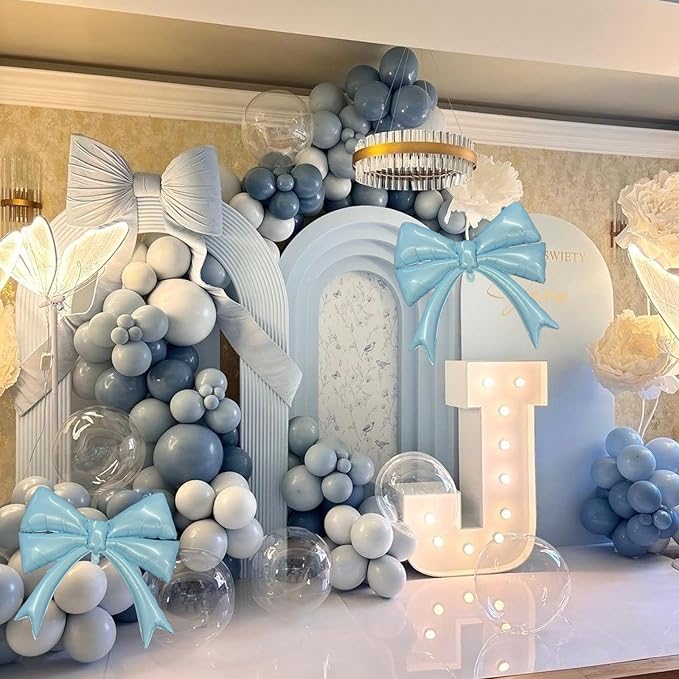 Dusty Blue Balloon Garland Arch Kit, 107PCS Dusty Fog Blue and White Balloons with Bow Balloon Decor for Coquette Birthday Baby Bridal Shower Wedding Party Decorations