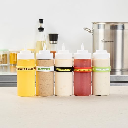 Restaurantware Silicone Squeeze Bottle Band 10 Count 2.75 Inch Dishwasher Safe Condiment Identification Band, Butter Black Non-Slip Label Band for Condiment Labeling at Restaurants, Food Trucks