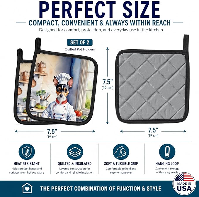 Caroline's Treasures Rat Terrier The Chef Pair of Pot Holders Kitchen Heat Resistant Pot Holders Sets Oven Hot Pads for Cooking Baking BBQ, 7 1/2 x 7 1/2