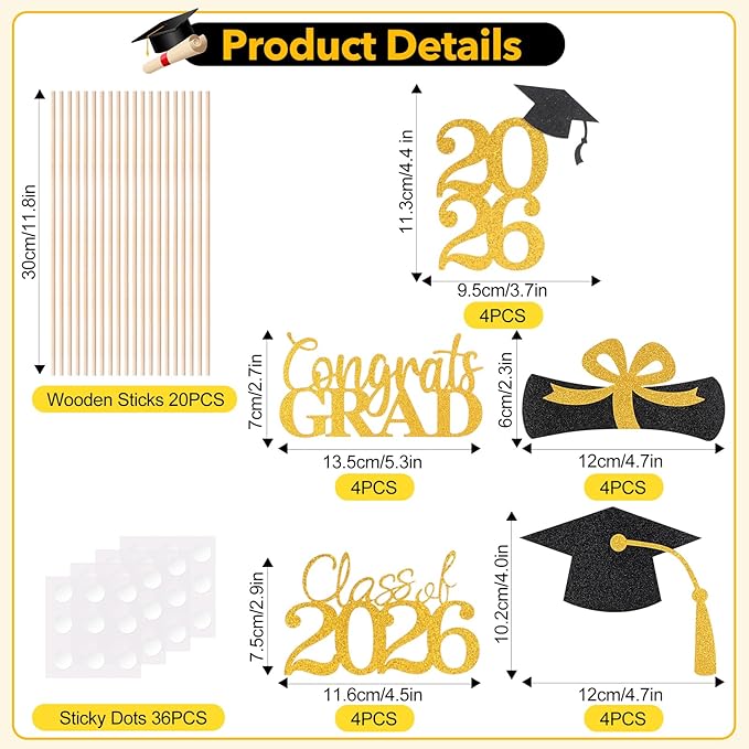 Graduation Decorations 2026, 20 PCS Sparkling Black and Gold Double-Sided Centerpiece Sticks for Tables, Class of 2026 Table Toppers and Party Supplies