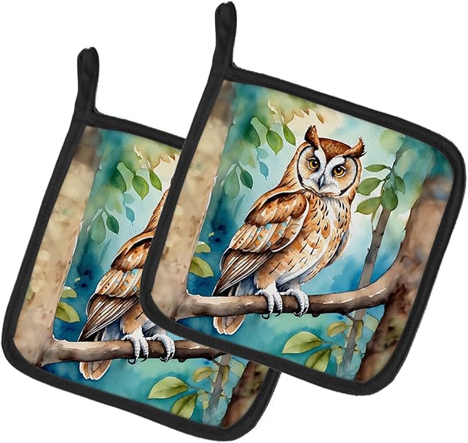 Caroline's Treasures Oriental Bay Owl Pair of Pot Holders Kitchen Heat Resistant Pot Holders Sets Oven Hot Pads for Cooking Baking BBQ, 7 1/2 x 7 1/2