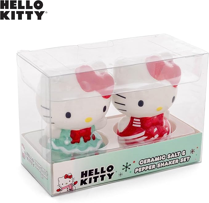 Silver Buffalo Sanrio Hello Kitty 3D Sculpted Festive Christmas Tree and Candy Cane Holiday Salt and Pepper Shaker Set